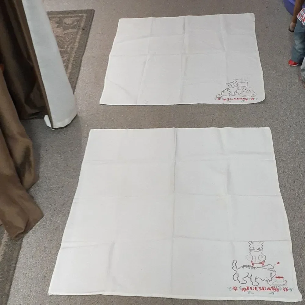 3 pc.Bundle of cross stitched dish towels with kittens and dog.